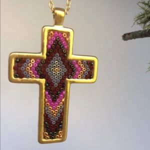 Hand Crafted in Mexico Beaded Purple Cross Pendant
